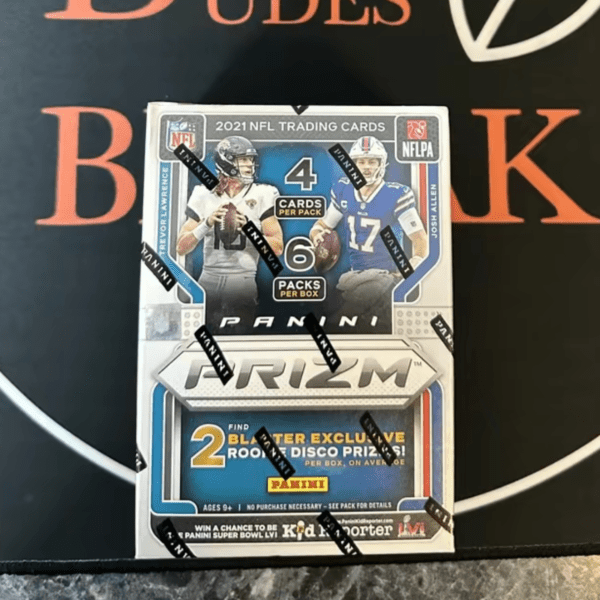 2021 Panini Prizm Football Blaster Box displayed on a black surface