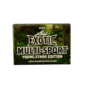 2023 Leaf Exotic Multi-Sport Young Stars Edition Trading Cards box displayed with transparent background