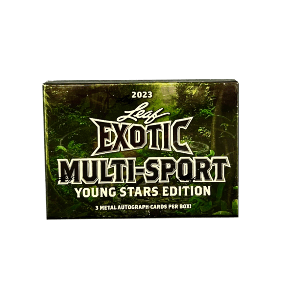 2023 Leaf Exotic Multi-Sport Young Stars Edition Trading Cards box displayed with transparent background