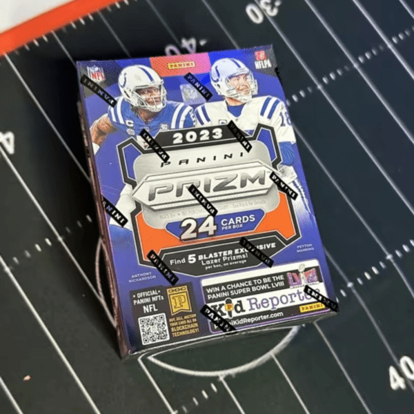 2023 Panini Prizm Football Card Blaster Box displayed on a football field surface