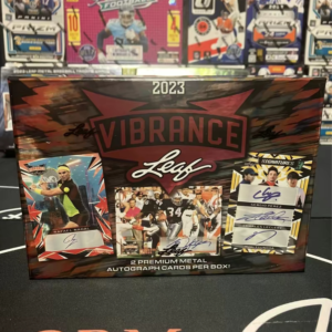 2023 Leaf Vibrance Personal Sports Card Box displayed with a background of other sports memorabilia