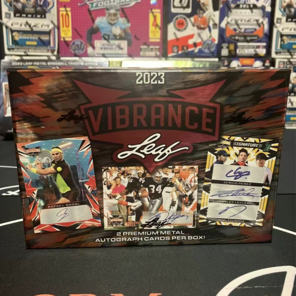 2023 Leaf Vibrance Personal Sports Card Box displayed with a background of other sports memorabilia